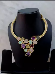Natural Multi Gemstone Hasli Necklace Rough Necklace Stone Studded Necklace Set - Picture 1 of 3