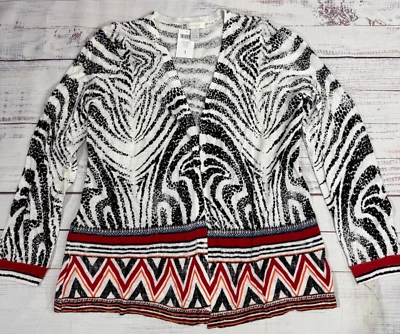 Cárdigan Chico's 1 Mujer Zig Zag Zebra Hannah Talla M Mezcla de Lino Negro Blanco Nuevo Foto 1 de 4