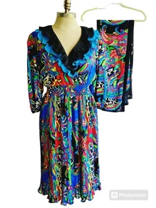 Diane Fries Vntg Rare 1980s Dress & Scar Sz M 8/10 Georgette Retro Midi Length - Picture 1 of 11