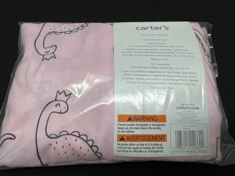 Carters Dino Princess Mini Sábana Ajustable para Cuna 24" X 38" 100% Poliéster Bebé Beddi Foto 1 de 4