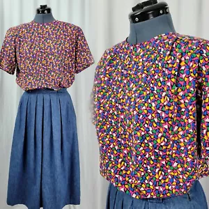 Vintage Josephine Pink S/S Blouse w Yellow/Blue/Green/White Hearts Size 8 - Picture 1 of 20