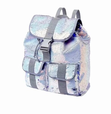 Justice Girl's Silver & Blue Reversible Sequins Rucksack Backpack Bag NWT - Image 1 of 3