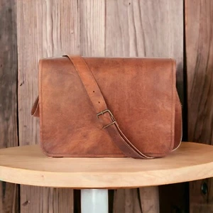 Leather Vintage Messenger Laptop Bag Goat Brown Shoulder 17'' Men's Satchel New - Picture 1 of 9