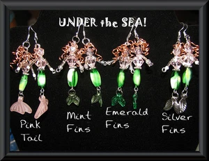 NEW! Whimsical HAND-MADE Arielle MERMAID Peridot, Wire & Crystal BEADED EARRINGS - Picture 1 of 7