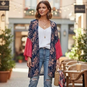 Kimono weiche Umrandung vorne offen tropische Blumen Aquarell ausgestellte Ärmel PXS - Bild 1 von 8