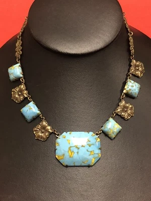 VINTAGE GORGEOUS VENITIAN GLASS TURQUOISE  BRASS 14" NECKLACE - Image 1 of 4