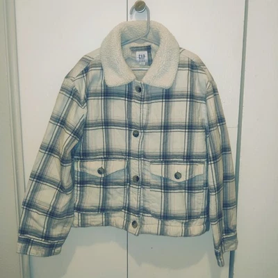 GAP Kids Blue and Cream Plaid Shacket Jacket Size Large - Image 1 of 4