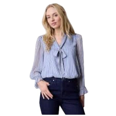 LC Lauren Conrad blue striped tie neck blouse career office top preppy twee  - Imagem 1 de 2