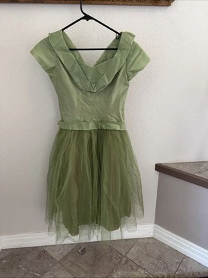 Vintage 50s Olive Green Chiffon Dress Puff Prom Party Net  Satin Lined Size 6-8 - Image 1 of 2