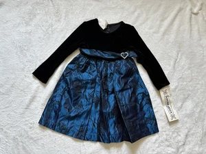 Vintage Bonnie Jean Black Velvet & Shiny Blue Dress 4T Iridescent Taffeta Blue - Picture 1 of 22