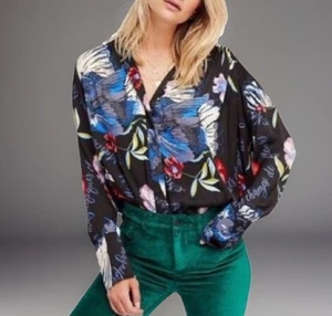 FREE PEOPLE Blouse Womens Small Multicolored Floral Silky Nights Oversized Top - Picture 1 of 11