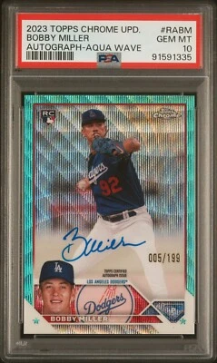 2023 Topps Chrome Upd. RA-BM  Bobby Miller Aqua Wave Refr. Auto /199 RC PSA 10 - Image 1 of 2