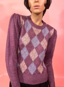 Vintage 80’s Crazy Horse Pullover Pulli Argyle Mauve Rosa Blau Puffy Shoulders - Bild 1 von 8