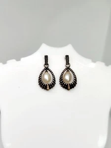 925 Sterling Silver & 14k Yellow Gold Teardrop Texture Earrings W Cultured Pearl - Picture 1 of 6