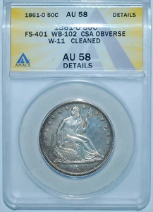 1861 O ANACS AU58 DET FS-401 W-11 WB-102 CSA Obverse Seated Liberty Half Dollar - Picture 1 of 3