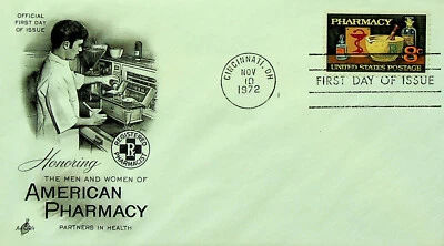 USPS First Day of Issue:  8 Cent Pharmacy Stamp (1972) - American Pharmacy - Image 1 of 3
