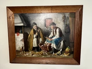 1900 Andor G. Horvath Hungarian Wood Oil Painting Men Smoking Pipes Husking Corn - Picture 1 of 19