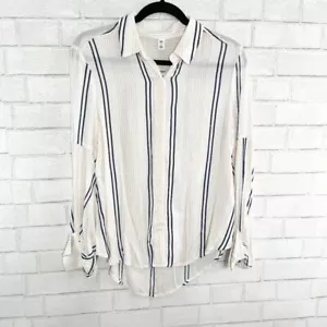 Blusa blanca manga globo BP con rayas rosadas y azules talla XS - Imagen 1 de 8