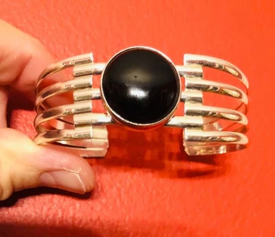 Sterling silver onyx cuff bracelet bangle vintage women's jewelry 925 designer - Image 1 of 4