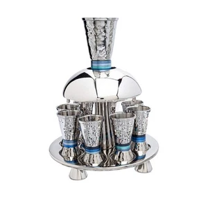 Hammered Nickel Kiddush Fountain with Cone Shaped Cups - Blue Rings - Picture 1 of 3