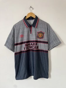 Vintage Manchester United 1995/96 Away Shirt Large Grey Original Authentic - Picture 1 of 9