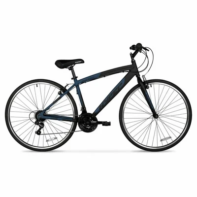 Bicicleta híbrida masculina 700c SpinFit quadro de alumínio leve, 21 velocidades, preta/azul - Imagem 1 de 4