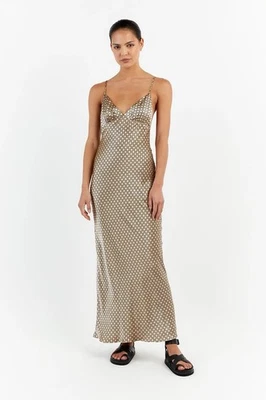 NWT DISSH Lou Swirl V-Neck Bias Cut Satin Maxi Slip Dress in Wheat size 4 - Image 1 of 4