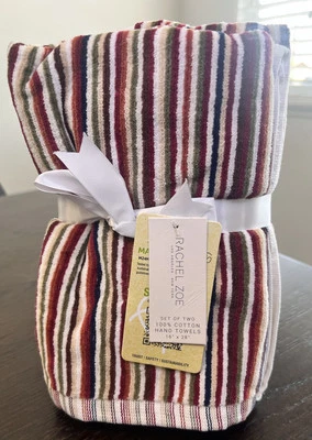 Rachel Zoe Red & Green Stripe Bathroom Hand Towels Set of 2 - 100% Cotton - Image 1 of 4