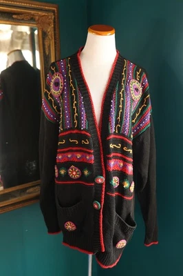 Vintage Joyce 80s Colorful Beaded 3D Embroidered Cardigan Sweater Funky Retro - Image 1 of 4