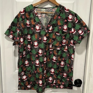 I Love Scrubs Womens Black Santa Claus Happy Holiday Christmas Scrub Shirt, Sz L - Picture 1 of 7
