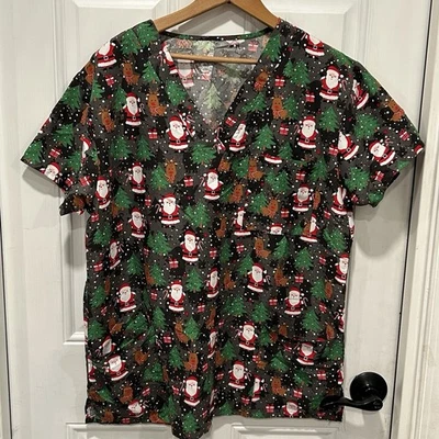 I Love Scrubs Womens Black Santa Claus Happy Holiday Christmas Scrub Shirt, Sz L - Image 1 of 4