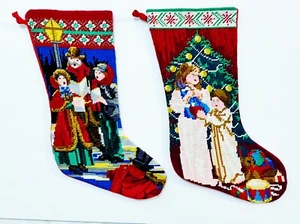 2 Vintage Wolle Nadelspitze Weihnachtsstrümpfe viktorianische Karolinger Kinder 18 Zoll - Bild 1 von 8