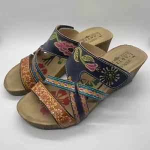 L'Artiste Spring Step Floral Multicolored Leather Wedge Sandal Size 39 8-8.5 - Picture 1 of 16