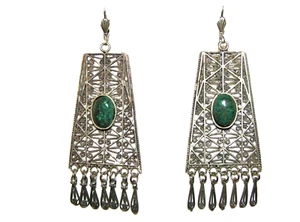 Sterling Silver Handmade Malachite Cabochon 3.75" Long Earrings - Picture 1 of 7