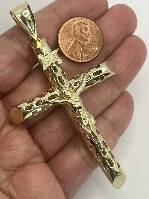 GOLd Cross christ Jesus pendant inri crucifix  10k necklace oro 3.25" big Large - Image 1 of 4