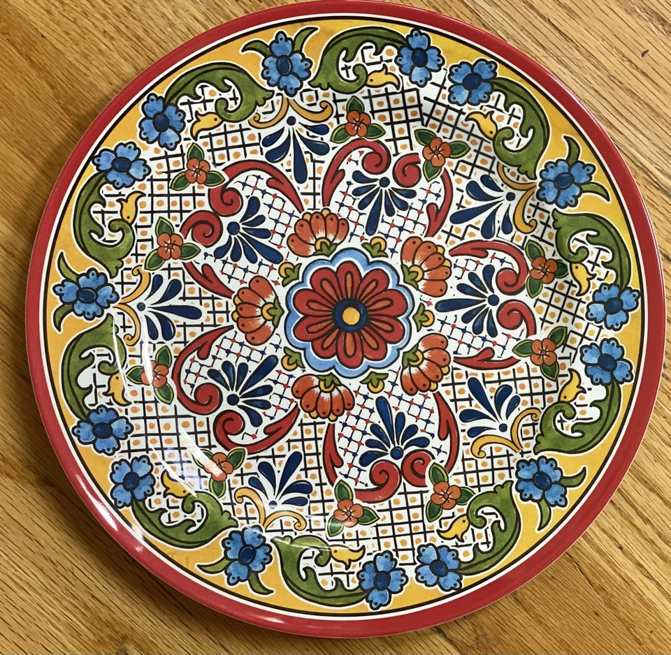 Conjunto de 4 pratos de jantar Panama Jacks vermelho estilo espanhol medalhão azulejo melamina - Imagem 1 de 1