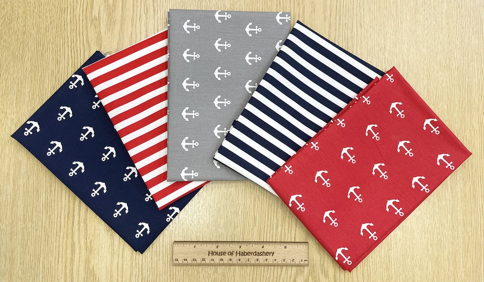Fat Quarter Bundle - Navy Blue & Red Nautical Anchor Mix - Craft Fabric Material - Image 1 of 1