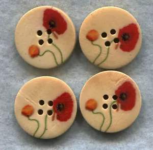 Red Poppy Buttons Decorated Floral Wooden Buttons 24mm (1 inch) Bag of 30 /BT40A - Picture 1 of 1