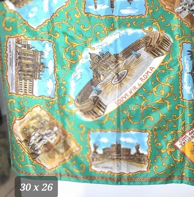 Vintage Roma Rome Scarf Souvenir Green with Scenes of Roman Sites (#72) - Image 1 of 4
