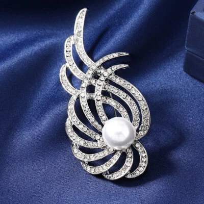 Simple yet luxurious feather brooch silver rhinestone pearl alloy pin for women - Image 1 of 4