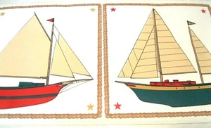 WALLPAPER BORDER Sailboats Red & Green Boat Nautical Rope White BREWSTER EH10022 - Picture 1 of 2