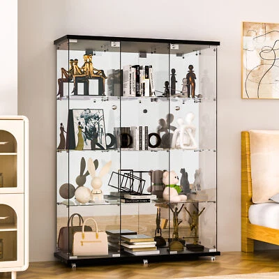 НОВЫЙ 4 полки стеклянный шкаф-витрина черный с зеркалом 3 двери чехол для хранения Curio - Изображение 1 из 4