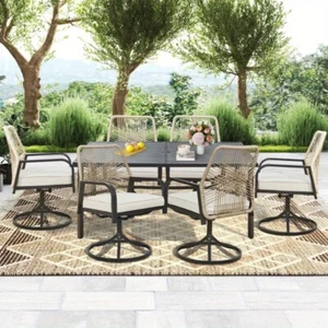 7-Piece Outdoor Dining Set,Woven Rattan Swivel Chairs with Cushions & Slat Table - Picture 1 of 9