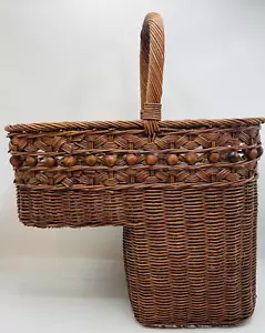 Palecek Stair Step Basket With Handle Brown Wicker Wood Beads 20X18x8 - Picture 1 of 19