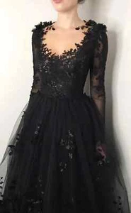 Abito da sposa nero abito da sera pizzo ricamato ALine maniche lunghe abiti da ballo - Foto 1 di 12