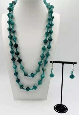 "Collar de cuentas de turquesa y rubí sintético mármol 47"" con pendientes a juego" Foto 1 de 4