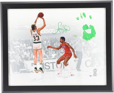 Lienzo firmado por Larry Bird Celtics 20x24 Shot vs Dr. J con impresión de acrílico verde a mano Foto 1 de 2