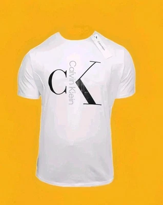  CALVIN KLEIN MEN'S WHITE CREW NECK SHORT SLEEVE T-SHIRT Gold Logo Sz. Small  - Image 1 of 4