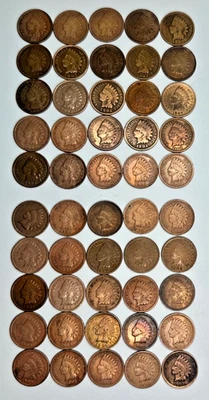 Roll Lot 50 Cleaned Indian Head Cents Old Penny Some Old & Full Liberty Coins NR - Image 1 of 4
