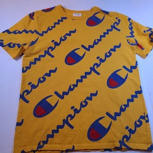 Champion Heritage Men's L Yellow Blue All Over Logo Tee 2018 Retro Streetwear - Picture 1 of 5